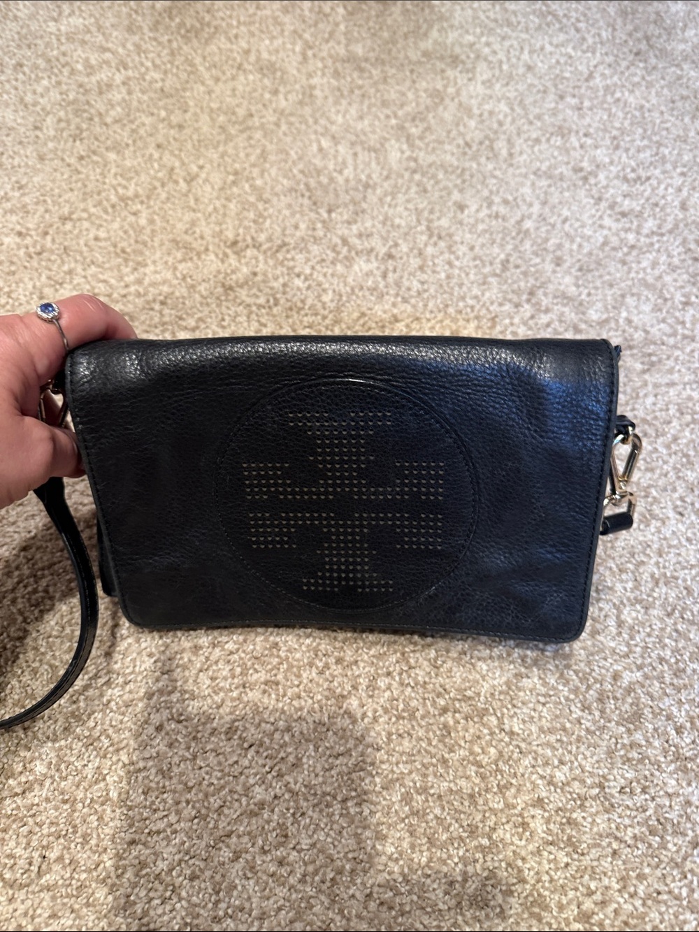 Tory Burch Black Perforated Bombe Logo Leather Crossbody Clutch